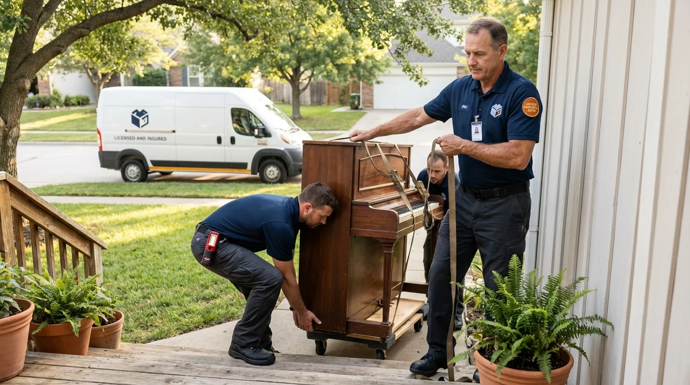 Licensed piano movers securing grand piano in Baden, PA