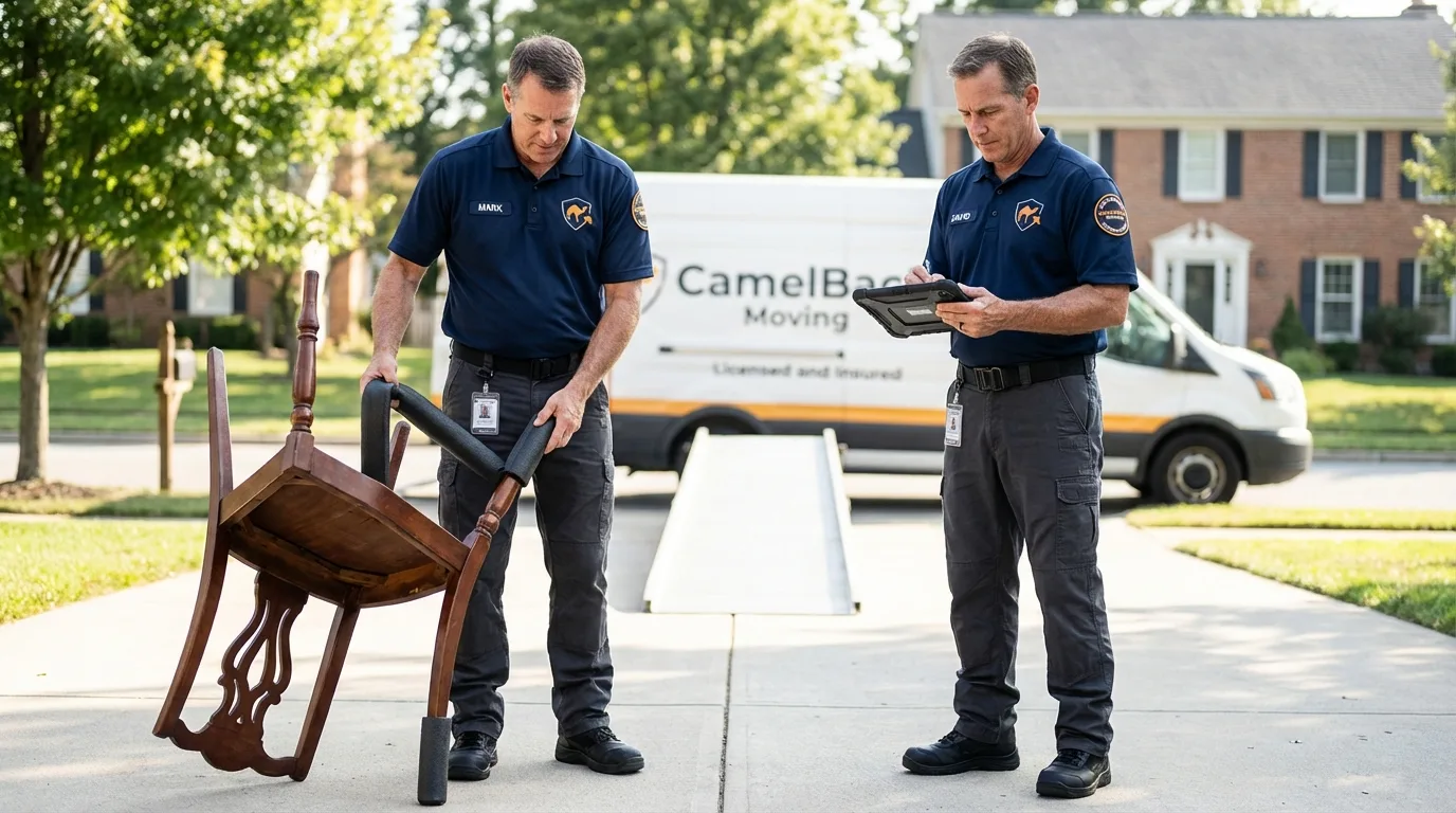Movers inspecting furniture for damage prevention before loading in Baden, PA