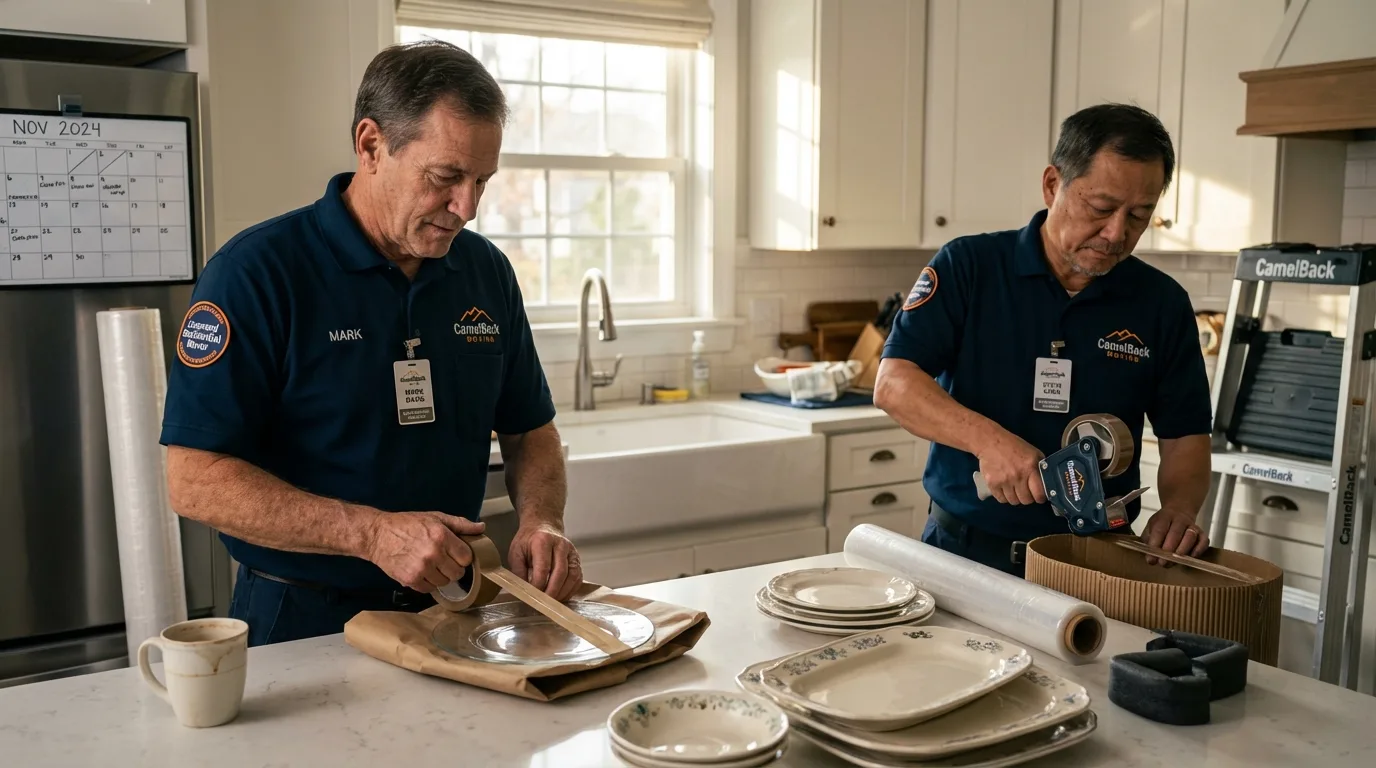 Professional crew packing kitchen dishware in Baden, PA